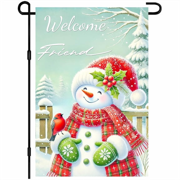 Welcome Friend Garden Flag Snowman with Cardinal 12x18 Inch Seasonal Outdoor Yard Banner Double Sided Holiday Home Decor For Girls or boys gifts Home Seasonal Decrations