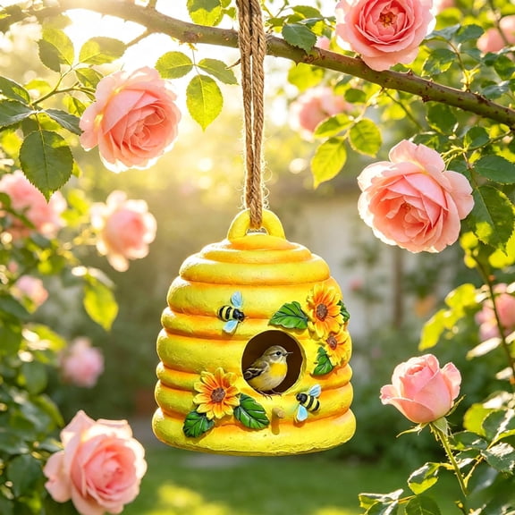 Twfbrm Bird Houses for Outside, Yellow Hummingbird Resin Birdhouse with Flower and Bees and Hanging Loop, Decorative Sunflower WaterProof Bird Houses for Yard, Garden, Outdoor Decor