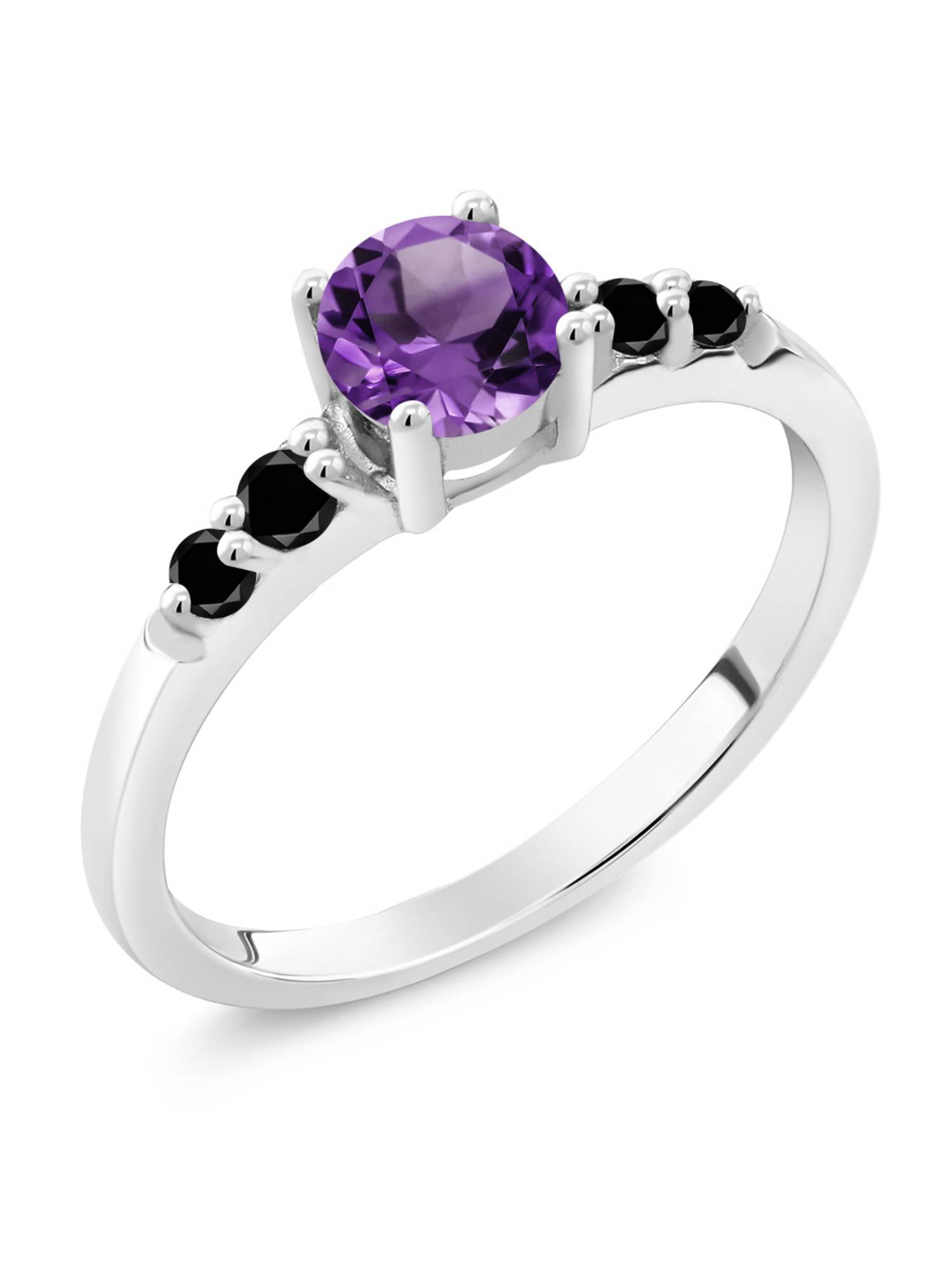 Gem Stone King Round Purple Amethyst Black Diamond 925 Sterling Silver Ring  (0.63 Ct)