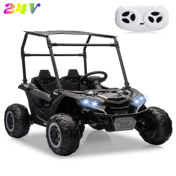 24V 2 Seater Ride On UTV Truck for Kids with Remote Control, 4x4 Electric Car with LED Lights, Bluetooth, Music, Suspension & Sunshade, Battery Powered Ride On Toy for Boys Girls, Black