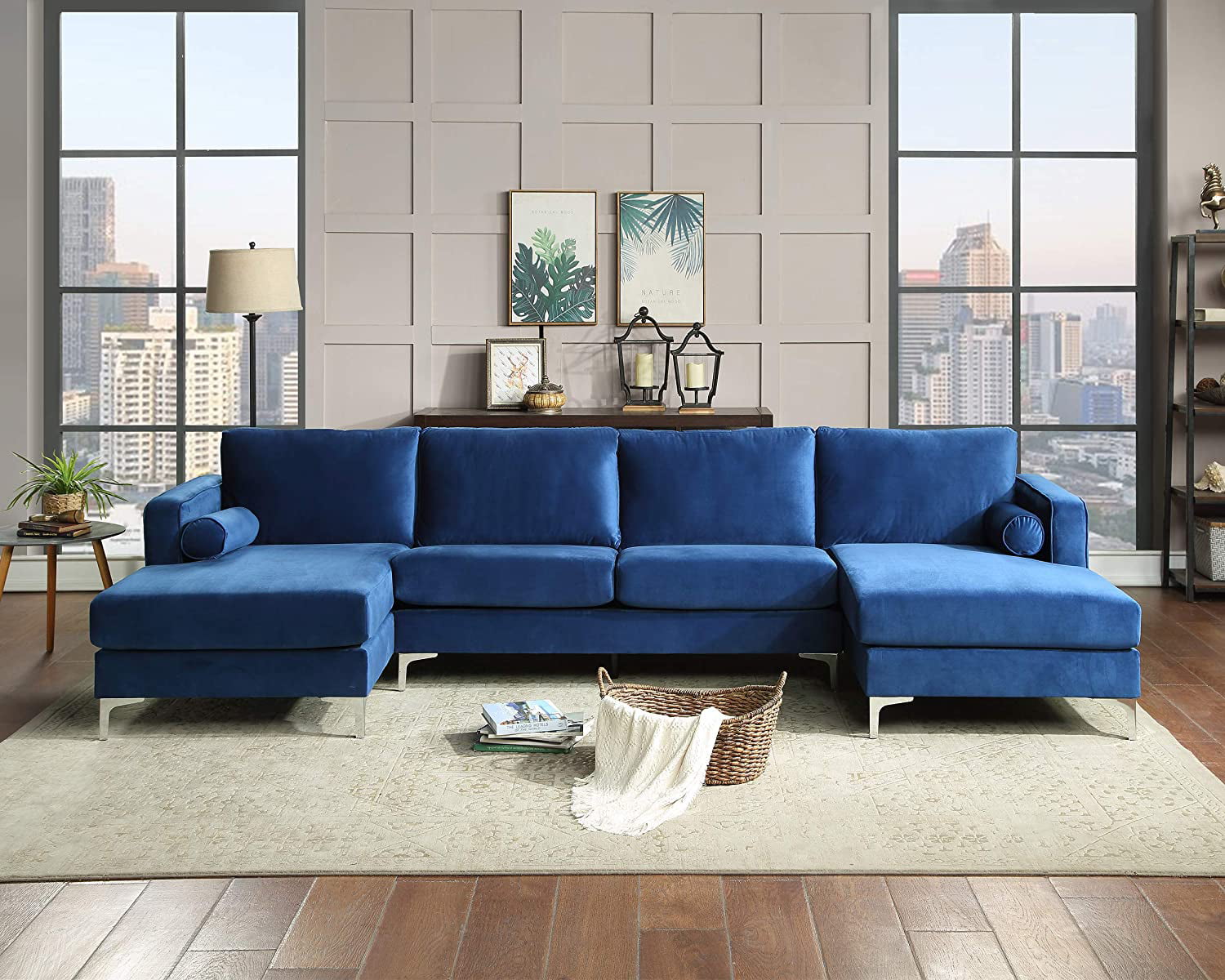 Modern Large Velvet U Shape Sectional Sofa with Double Extra Wide  