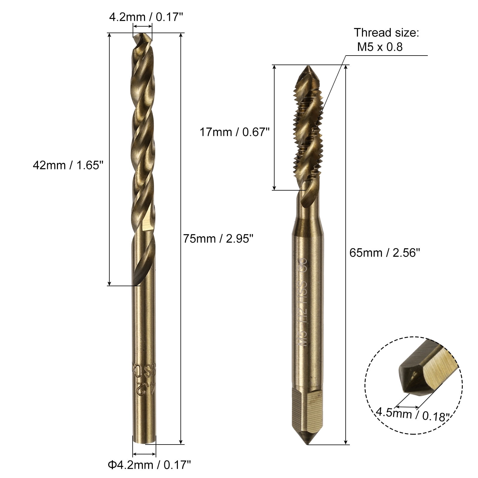 Uxcell Tap and Drill Bit Set, 3 Pieces M5 x 0.8 Spiral Flute Tap & 3 Pieces 4.2mm Drill Bit Roasted Yellow
