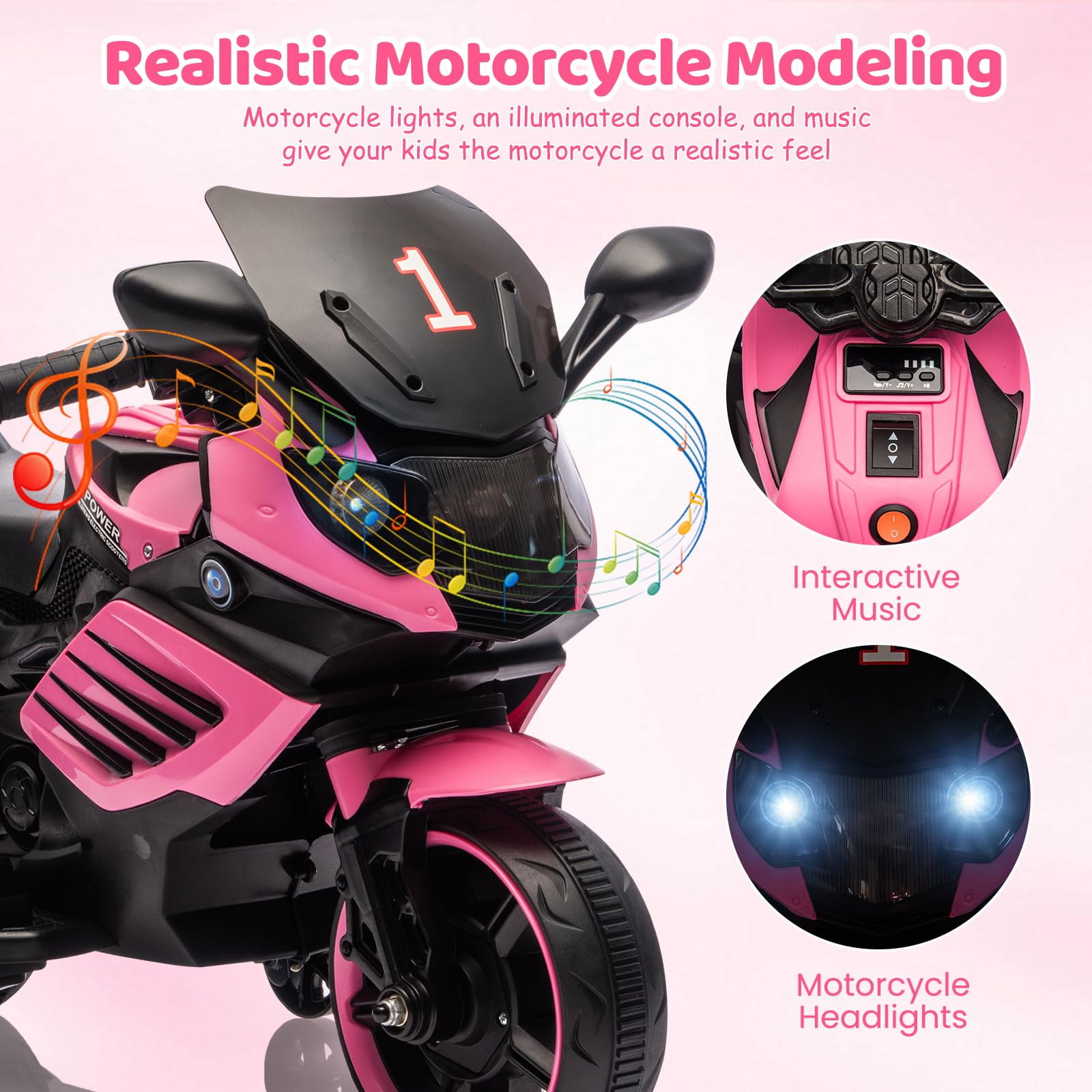 Roromall 6V Ride On Motorcycle, Battery Powered Ride On Toys w/Treaded Tires, Working Headlight, Horn, Music, Training Wheels, Stable Electric Motorcycle