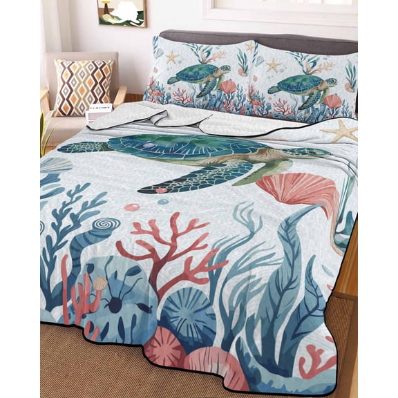 Turtle Coastal Twin Size Down Alternative Comforter,Lightweight Comforter Quilt Bedding Set with Pillow Shams Summer Beach Ocean Shell Jellyfish Starfish Bed Comforter Duvet Insert 68"x86"