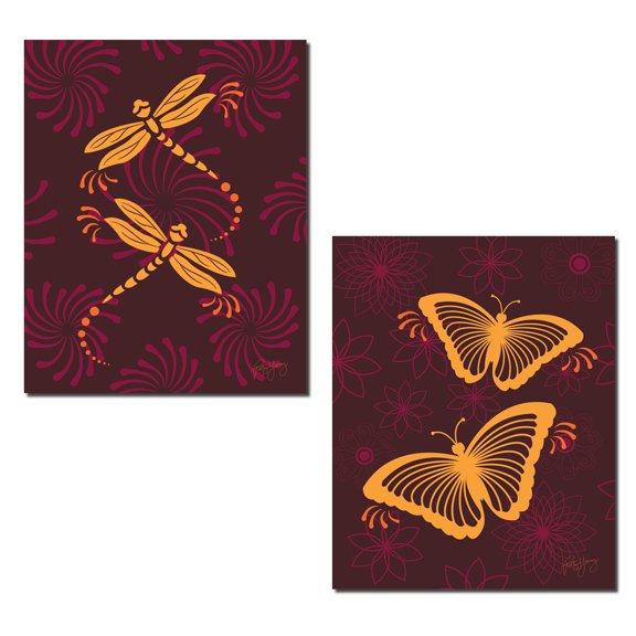 Beautiful Burgundy and Fuschia Monarch Butterfly and Dragonfly Set on Floral Background; Two 11x14in Poster Prints