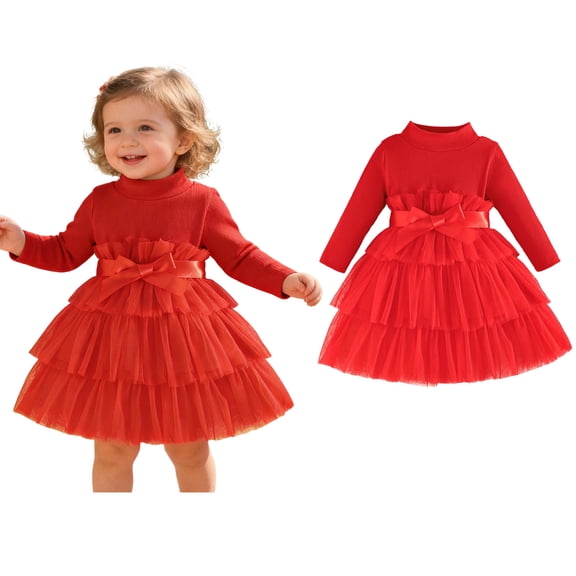 Baby Girls Valentines Dress Long Sleeve Tiered Tulle Dresses with Bow Girls Spring Clothes 9-12 Months Girl Clothes