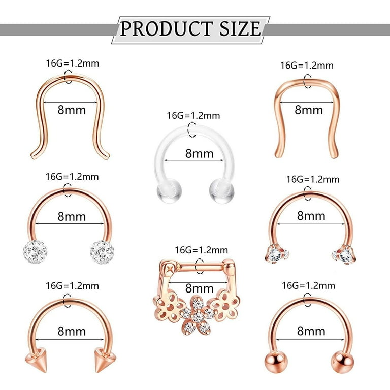 16 Pcs Septum Rings 16G Surgical Hoop Nose Ring Horseshoe Nose Piercing Cute Clicker Septum Ring Daith Helix Tragus Lip Piercing Septum Piercing