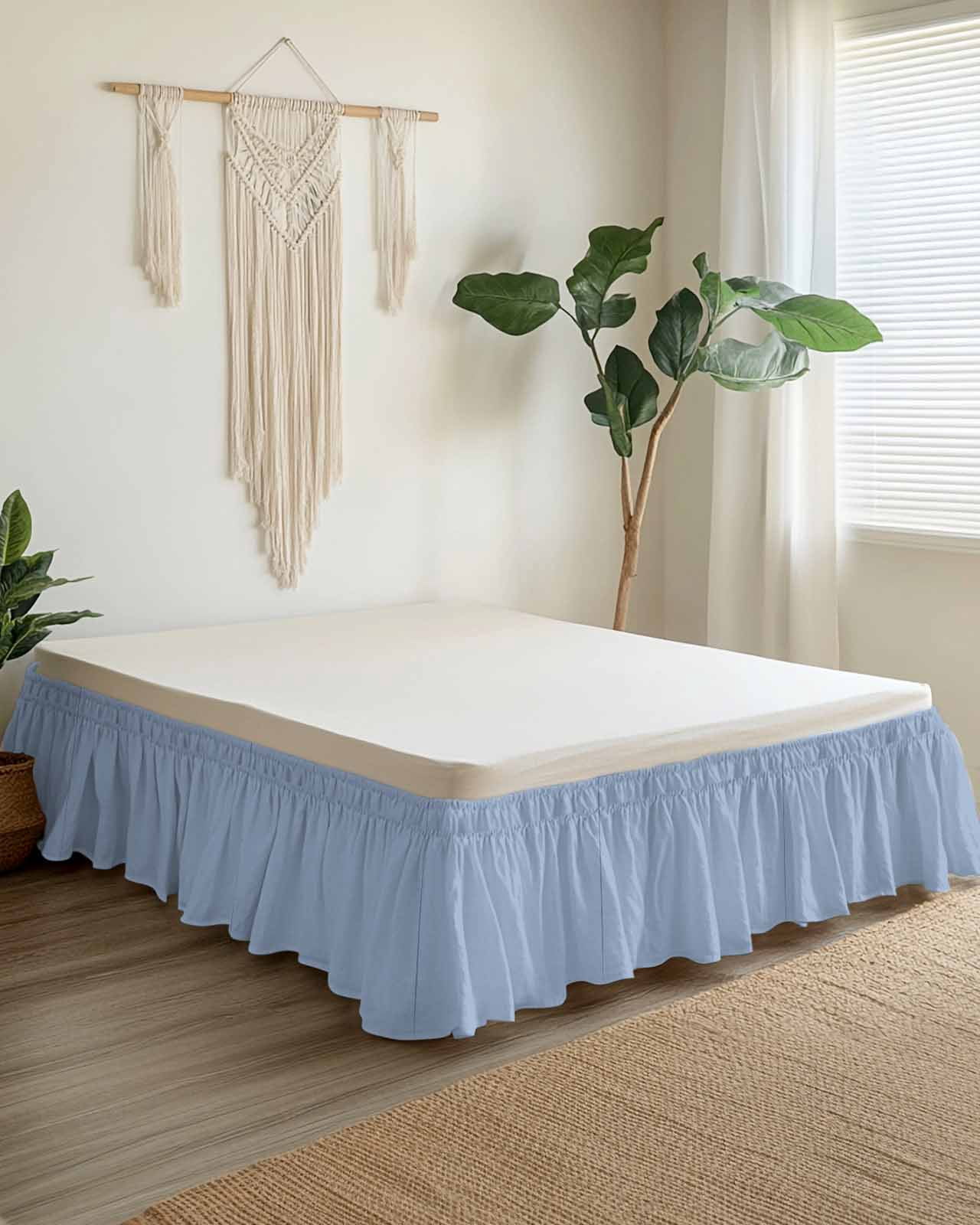 Light Blue Ruffle Bed Skirt Queen Size Solid Color Adjustable Elastic Dust Bed Skirts Wrap Around Bedskirt Wrinkle Free Easy Fit with 16 Inch Drop