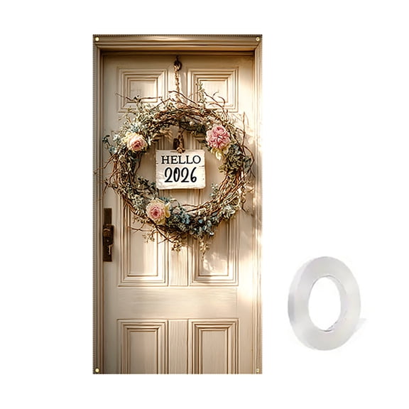 Happy Year Door Cover Decoration, Holiday Tapestry for Party, Year Eve, Christmas, Birthday & Winter Decor, Easy Install Fabric Door Hanging, 35.4x70.8inch
