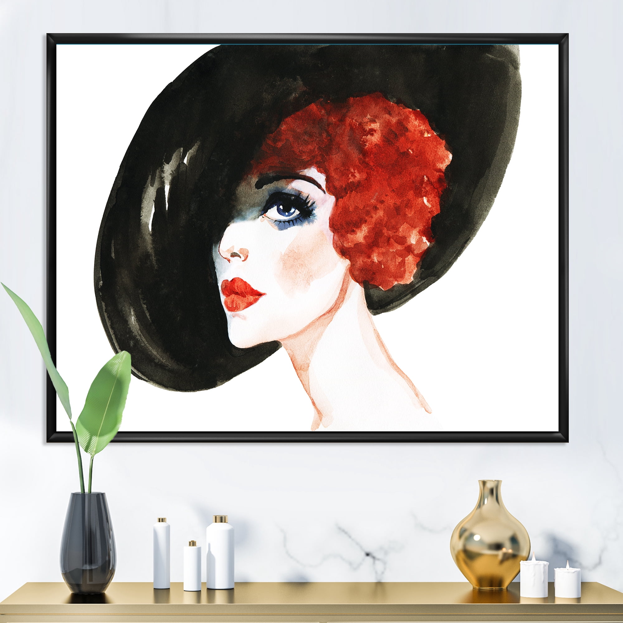 Designart 'Portrait of Woman Red Head Lady In Hat' Modern Framed Canvas Wall Art Print