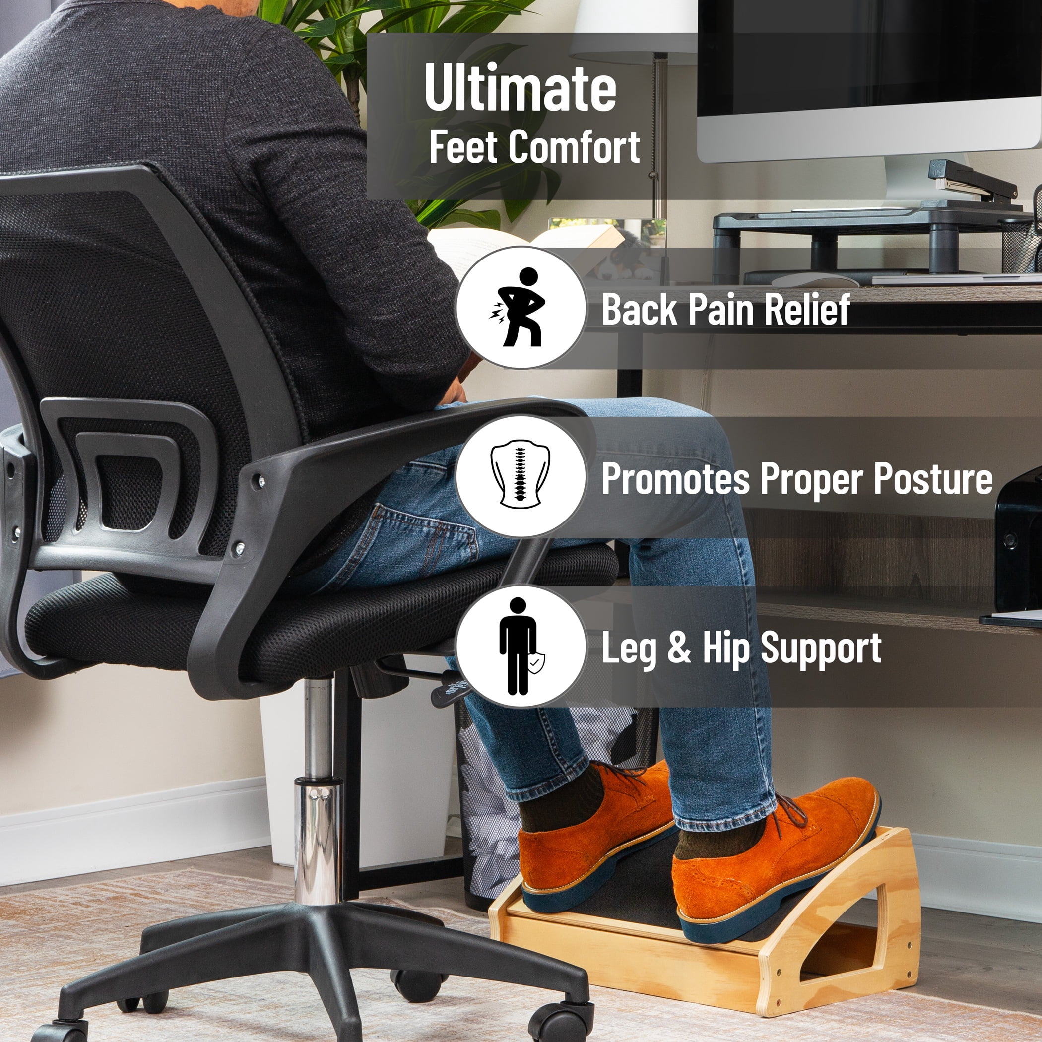 Mind Reader Adjustable Wooden Foot Rest with Anti-Slip Surface, 3 Height Levels, Natural Wood, Brown