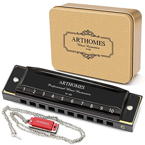 Blues Harmonica Key of C 10 Holes 20 Tones with Mini Harmonica Necklace Case and Cleaning Cloth for Professional Player Beginner Students Children Kids ARTHOMES Harmonica
