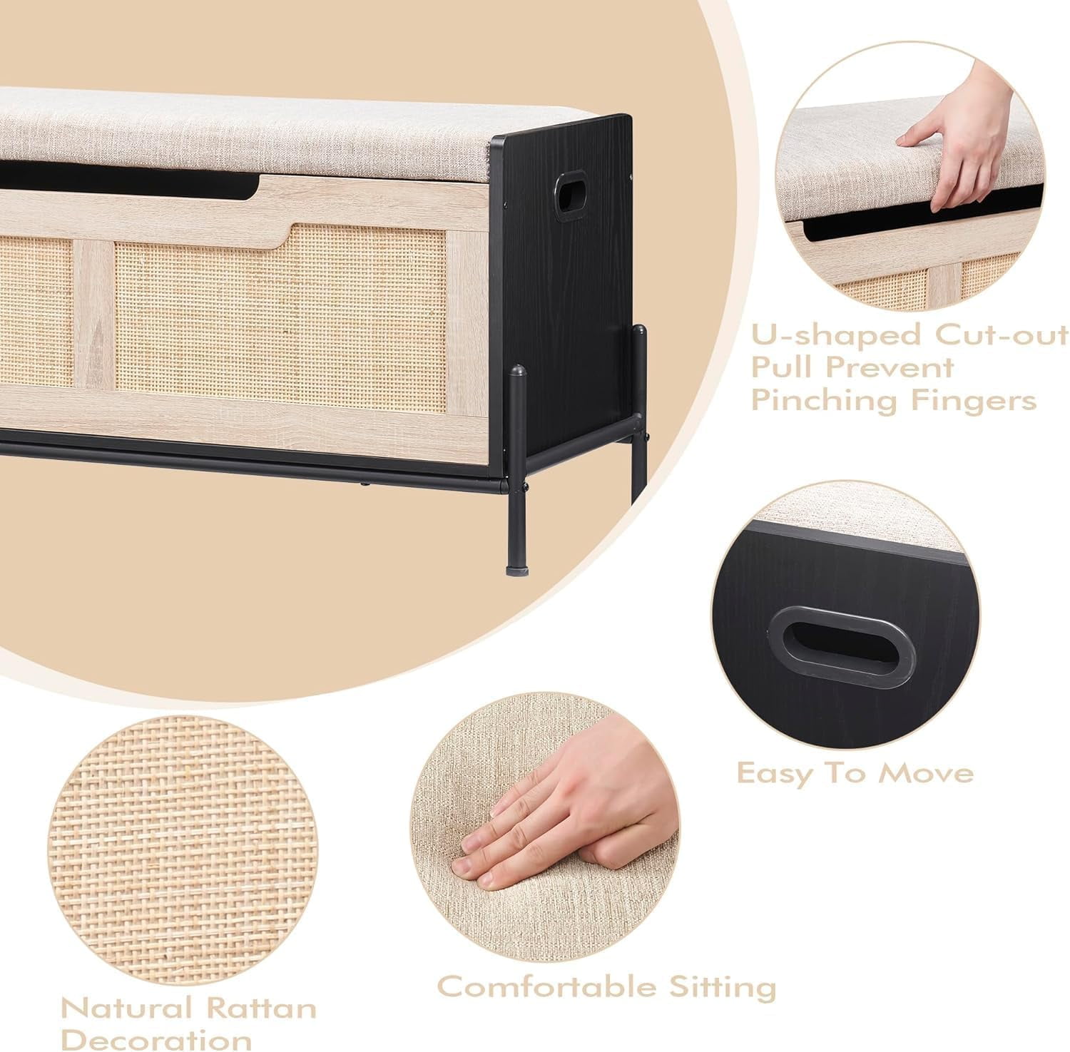 Rattan Storage Bench with 2 Safety Hinges, Toy Box, Entryway Storage Chest with Cushion, Supports 260 lb, Black