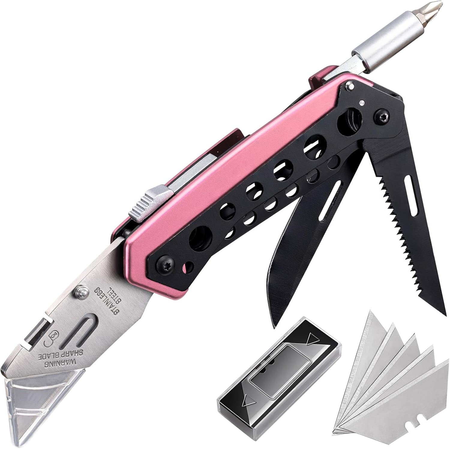 RGHJAR-Pink Box Cutter Knife, Folding Utility Knife, 6 in 1 Razor Pocket Utility Knives Multitool with Clip, 5 Razor Blades, Screwdriver, Saw, Safe Lock, Work Knives, EDC Gadgets Gifts for Men Women