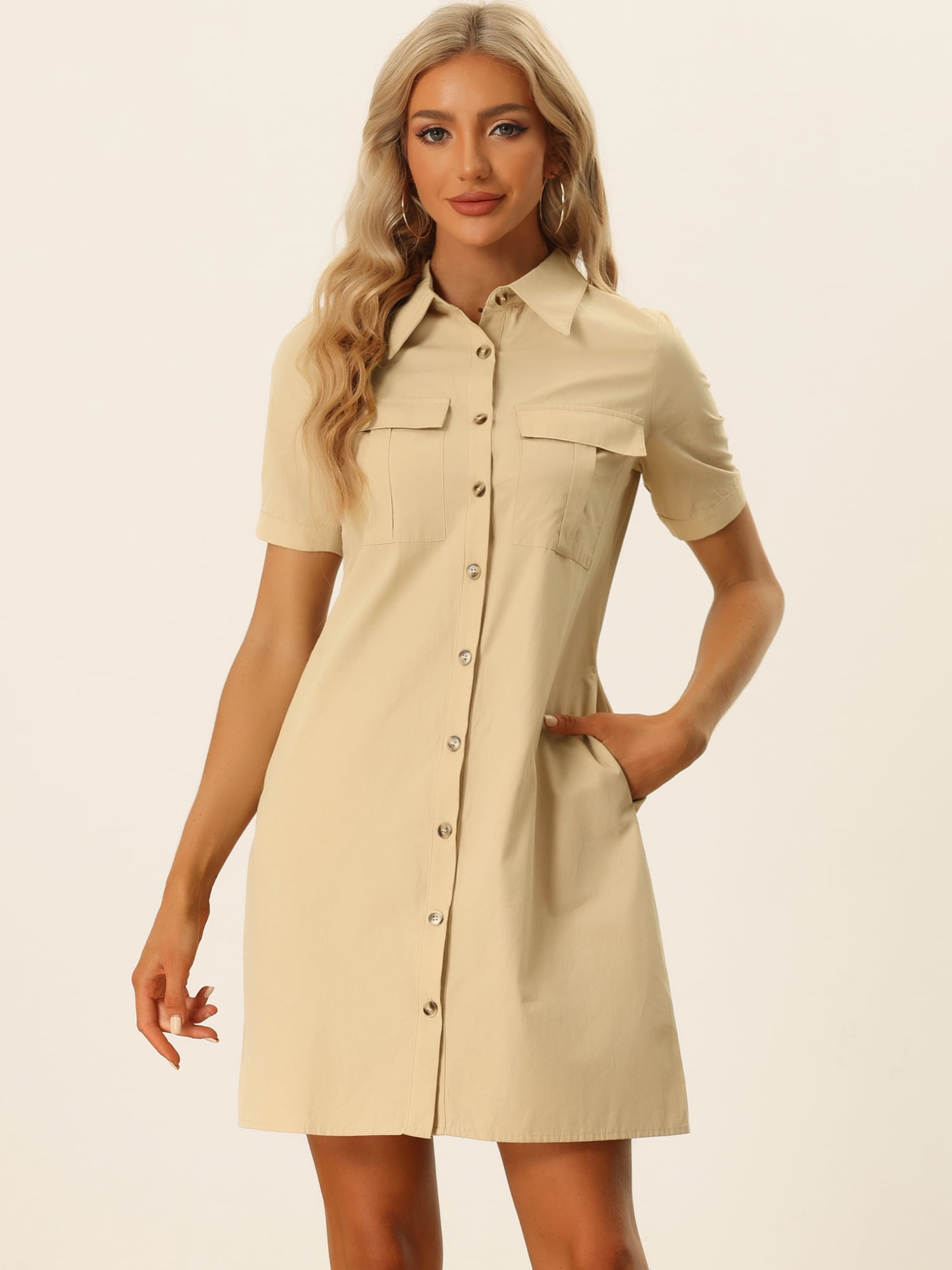 DARING DIVA Collared Short Sleeve Pocket Belt Button up Shirt Dress L Khaki