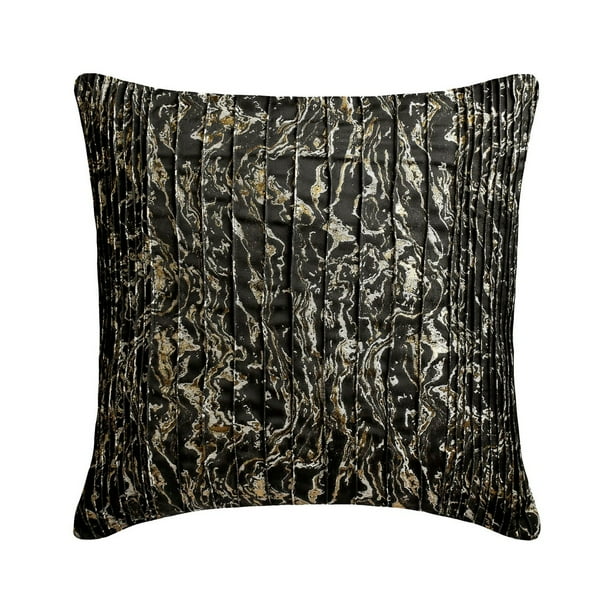 Cushion Covers, Black & Gold 16"x16" (40x40 cm) Accent Cushion Covers, Silk Pintucks & Textured