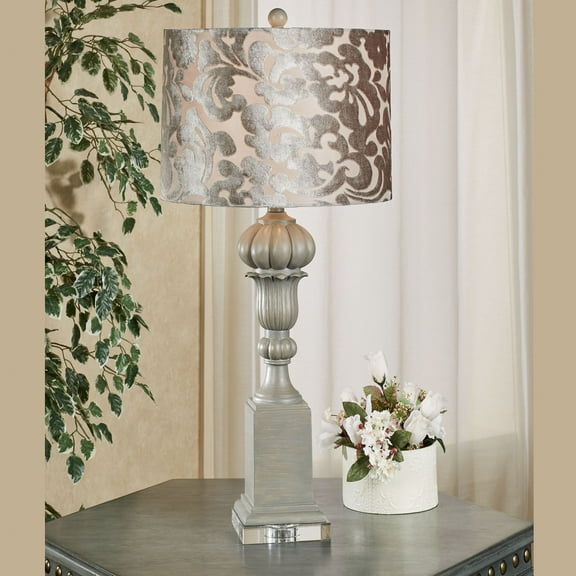 Brynn Gray Table Lamp with Silver Velvet Burnout Shade