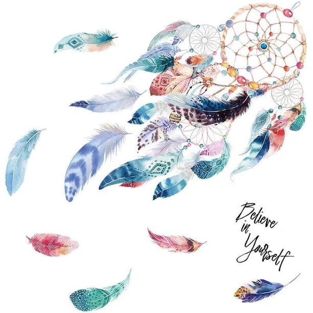 Calcomanías De Pared Con Diseño De Plumas Coloridas Y Estrellas, Diseño De Plumas Rosas De Sacinora Dreamcatcher Plume Art Calcomanias De Vinilo