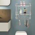 thumbnail image 6 of Wall Mount Bathroom Shelf with 2-Tier Tempered Glass, Stainless Steel Storage Organizer Rack with Towel Bar & 4 Hooks, 44 lbs Load Capacity for Shampoo Soap Towels, Adhesive or Drill Mounting, Silver, 6 of 9