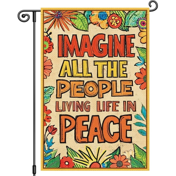 Peace Inspirational Garden Flag 12 x 18 Inch Double Sided, Imagine All the People Living Life in Peace Floral Yard Flag for Outdoor Porch Lawn Patio Garden Decor