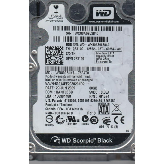 WD800BJKT-75F4T0, DCM HANTJBBB, Western Digital 80GB SATA 2.5 Hard Drive