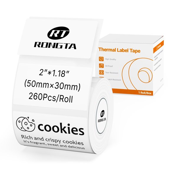 Rongta Blank Thermal Labels for R22, White, 50 x 30 mm, 260 Labels per Roll