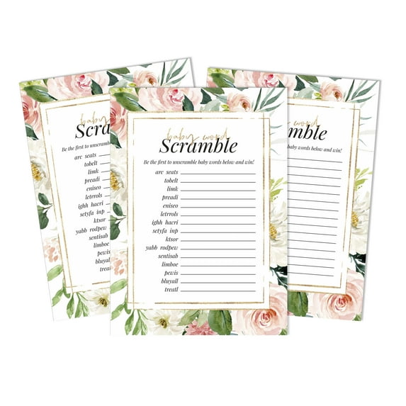 Inkdotpot Set Of 50 Baby ShowerWord ScrambleGame Cards Gender Neutral Floral Party Supplies-Fun Baby Shower Game Favors