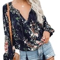 thumbnail image 3 of European and American autumn floral print large V-neck long-sleeved pullover shirt loose drawstring shirt top for women - original quality - XXL, 3 of 6