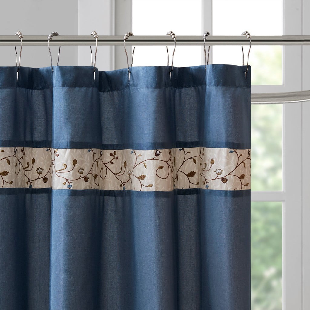MAYEERTY Faux Silk Embroidered Floral Shower Curtain, Machine-Washable