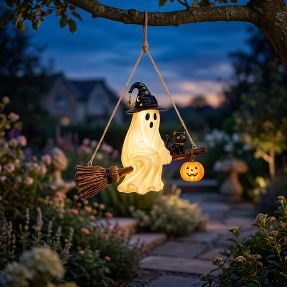 Solar Ghost Hanging Light, Halloween Outdoor Decoration, Cute Ghost on Broomstick Solar Lantern Halloween Decor Lighted Outdoor Hanging Ornament for Garden Yard Porch Tree