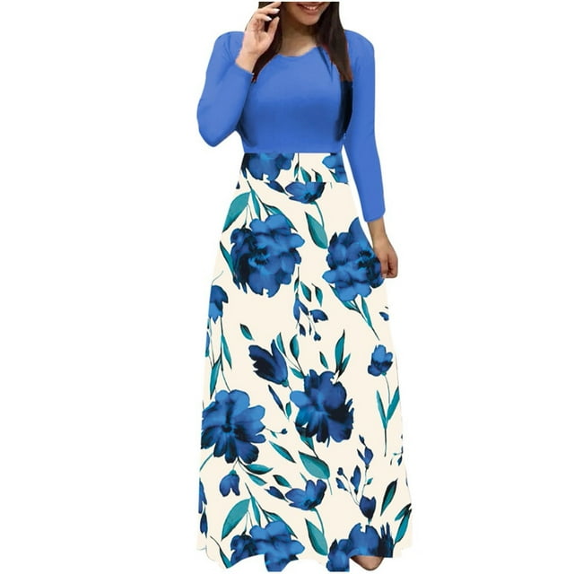 Robe d'Été Femme Manches Longues Imprimé Floral Décontracté Col Rond Patchwork Robe Maxi