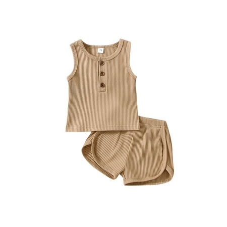 

Toddler Summer 2Pcs Outfit Sets Sleeveless Round Neck Button Vest + Solid Color Ribbed Shorts Khaki 3-6 Months
