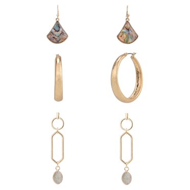 The Pioneer Woman - Women's Jewelry, Soft Gold-tone Metal Trio Earring Set with Semi-Precious Stone and Abalone Shell