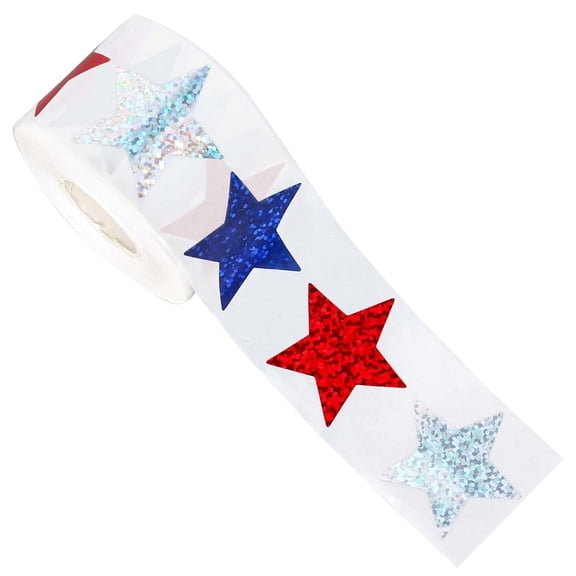 4th of July Stickers 500 Pack, 1 Inch Patriotic Independence Day Decals, Red White Blue Waterproof Adhesive Labels, Party Favors Rolled Red Blue White Star Stickers Shiny Glitter Adhesive Decorative