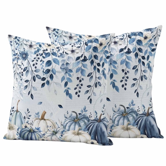 Outdoor Pillow Covers 18 x 18 Inches, Blue Vintage Fall Waterproof Throw Pillow Cover Set of 2, Thanksgiving Botanical Pumpkins Decorative Square Cushion Covers for Patio/Tent/Couch/Garden