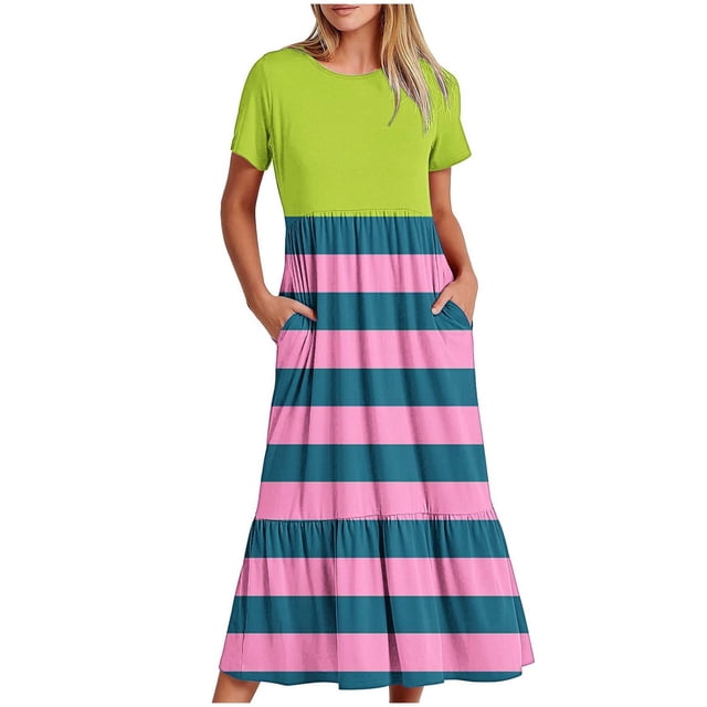 Ovzne Robes d'Été pour Femmes 2025 Robe Mode pour Femmes Manches Longues Col Rond T-Shirt Imprimé Blouse Ample Robe Grande Taille Robe Maxi Manches Courtes Imprimée Liquidation