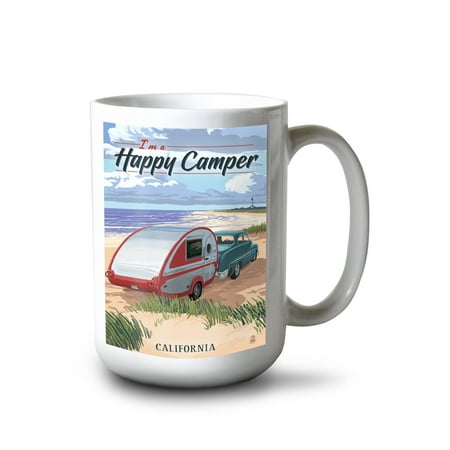 

15 fl oz Ceramic Mug California Coast I m a Happy Camper Retro Camper on Beach Dishwasher & Microwave Safe