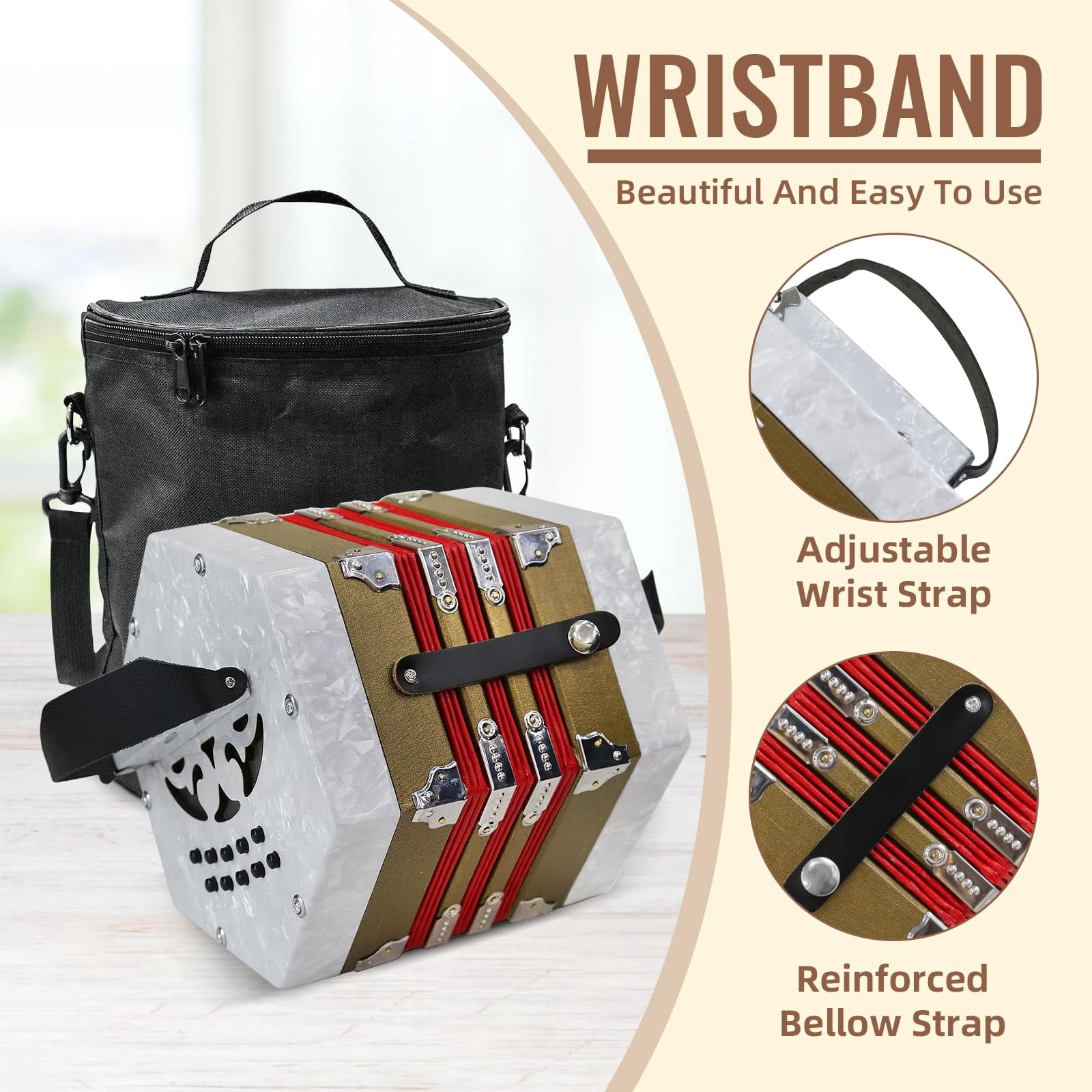 Rowadtim 20-Key White Concertina Accordion for Adults, Professional Beginner Instrument with Adjustable Hand Straps and Full Accessories