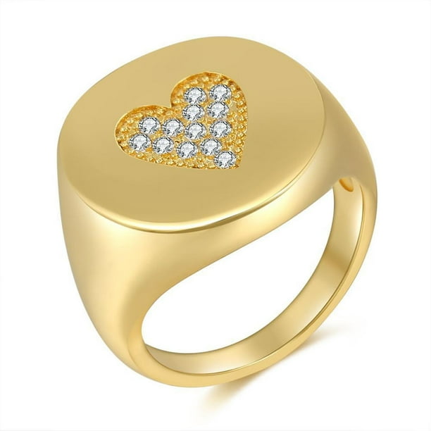 Anillos de oro grueso - Signet Sings para mujer, anillo de cúpula, anillo de declaración, anillo de acero inoxidable chapado en oro de 18 k, oro-blanco Tamaño: 8 Feliz Sencillez