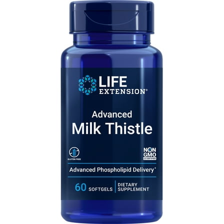 Life Extension Advanced Milk Thistle, liver health supplement, liver detox, cell division, silymarin, silybin, bioavailable, gluten free, non-GMO, 60 softgels