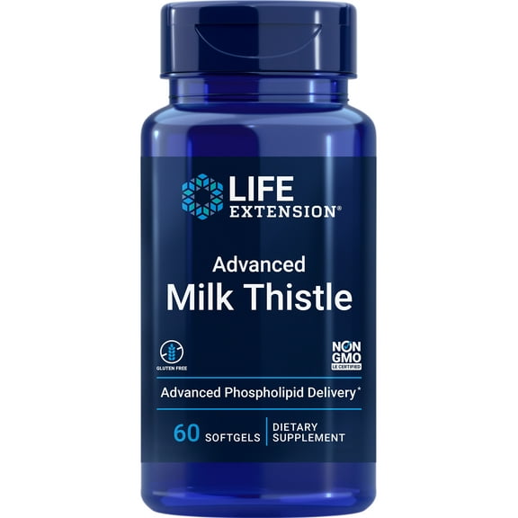 Life Extension Advanced Milk Thistle, liver health supplement, liver detox, cell division, silymarin, silybin, bioavailable, gluten free, non-GMO, 60 softgels