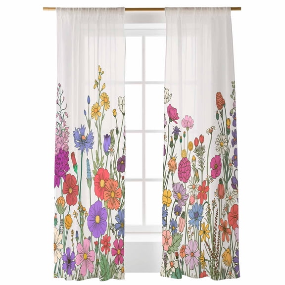 Sheer Curtains 108 inches Long, Colorful Flower Floral Farmhouse Garden Beige Texture Light Filtering Sheer Window Curtains Rod Pocket Voile Drapes for Bedroom Living Room, 52"W x 108"L 2 Panels