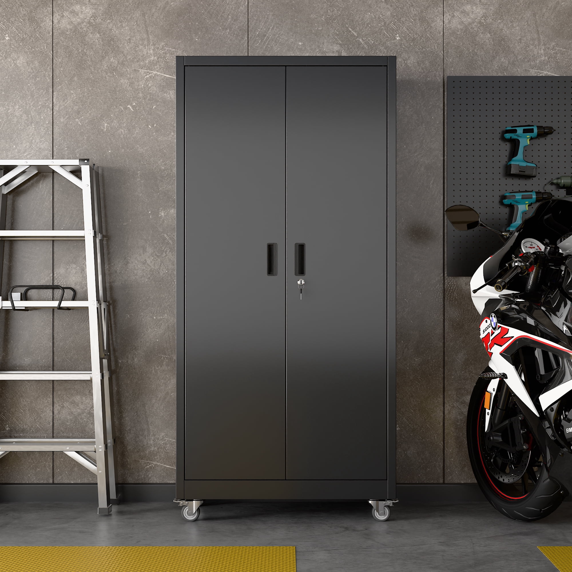 Aobabo Metal Storage Cabinet with Lock,Garage Storage Cabinet with Wheels,72In Steel Storage Cabinet for Garage Home Storage, Black Required-Assembly