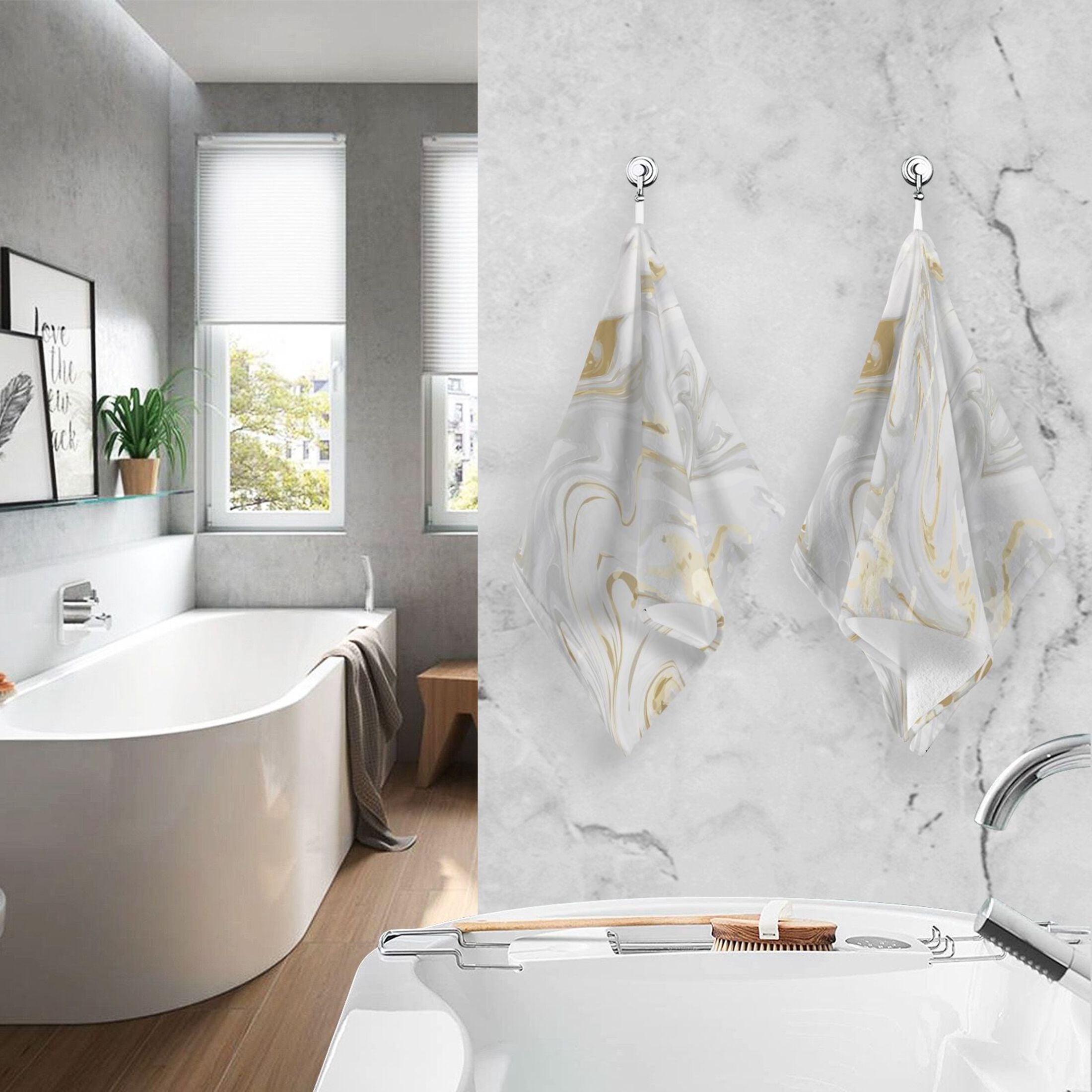 Marble Gold and White Bath Hand Towels 2 Pcs Absorbent Face Towel Soft Breathable Cotton Towel Set for Bathroom Kitchen Hotel Spa Decor