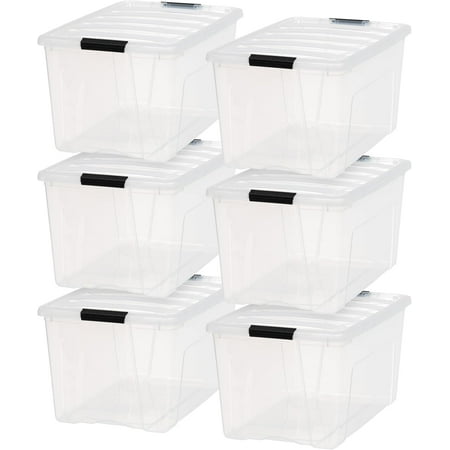 IRIS USA 72 Qt Stackable Plastic Storage Bins with Lids  6 Pack  Latches  Durable Nestable Containers  Secure Pull Handle - Clear