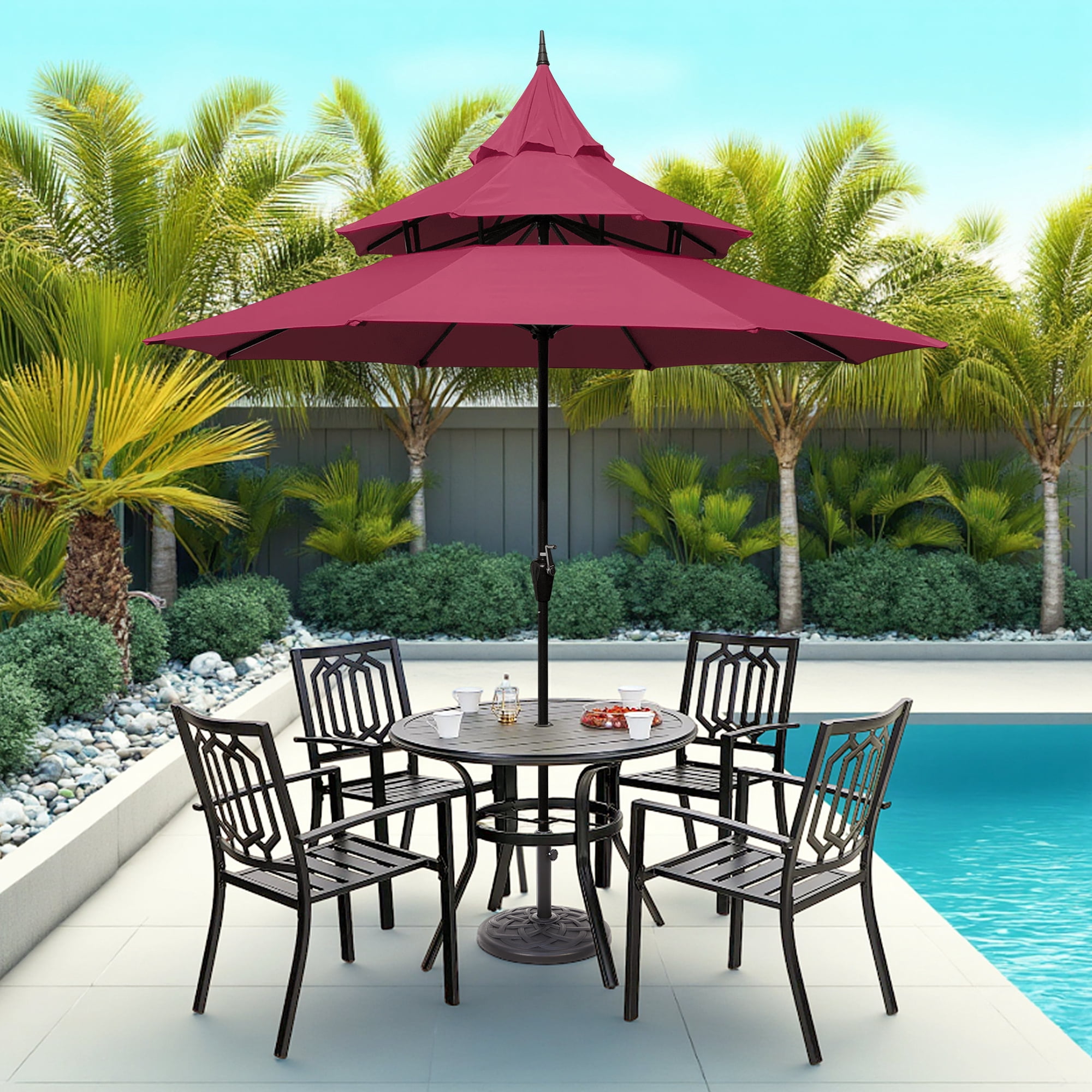 Abble 9ft Patio Umbrella with Crank 3-Tier Pagoda Outdoor Market Umbrella with 8 Ribs for Garden Deck Backyard Pool, Burgundy