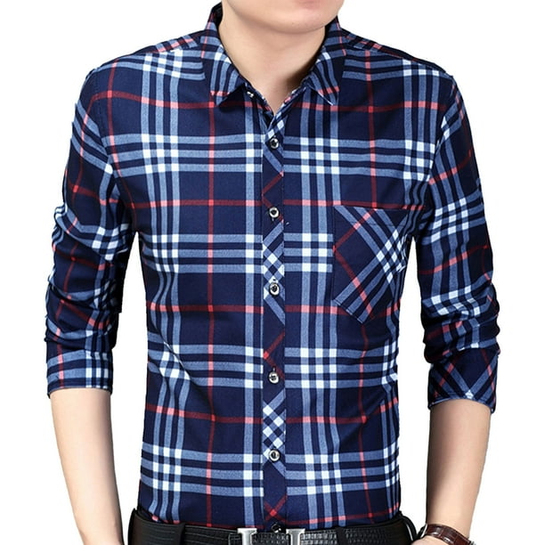 Camisa De Blusa A Cuadros De Manga Larga Para Hombre Camiseta Con