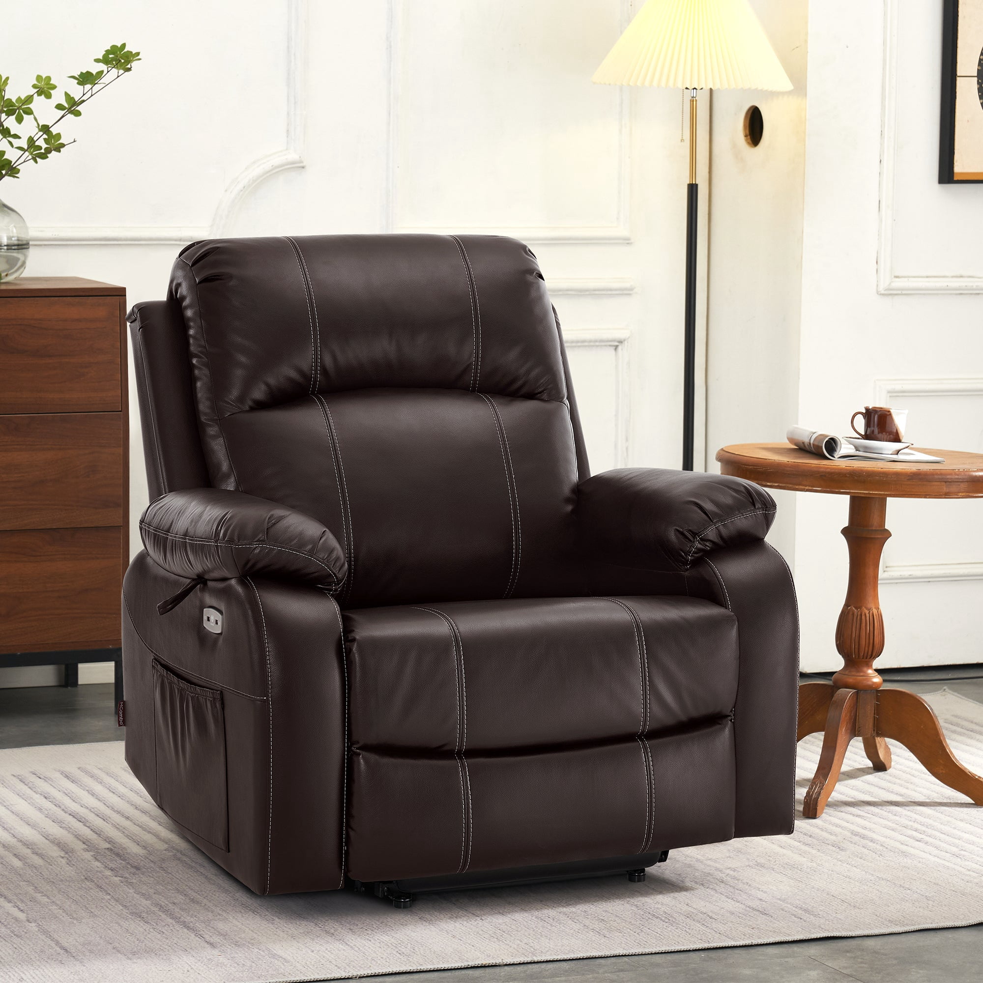 MCombo 27.2'' Extra Wide Seat Power Lift Recliner Chair with Massage and Heat for Short People, Faux Leather R7410 (Dark Brown, Wide)