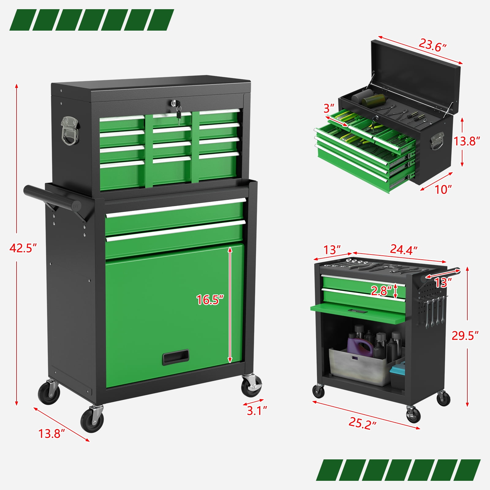 Odaof, 54 lb, 24.4" 8-Drawer Detachable Toolbox with LockGreen and Black