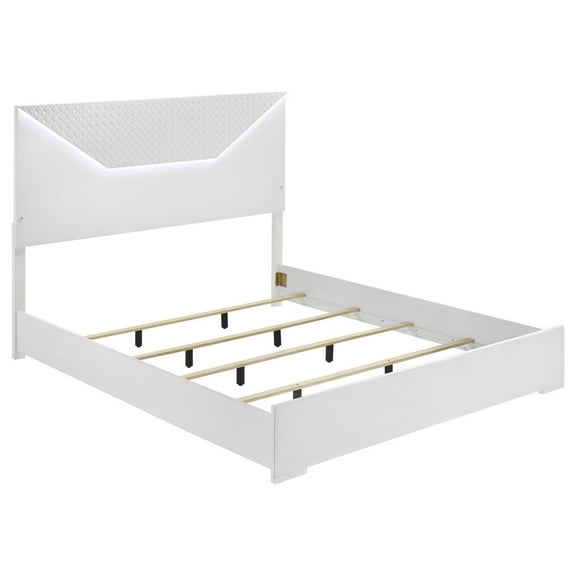 Ivon Queen Bed, 3D Embossed LED Headboard, Glossy White Solid Wood